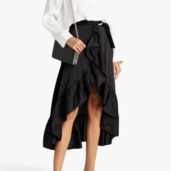 Sandro Black Satin Ruffle Belted Midi Skirt Size 2 - Picture 10 of 11